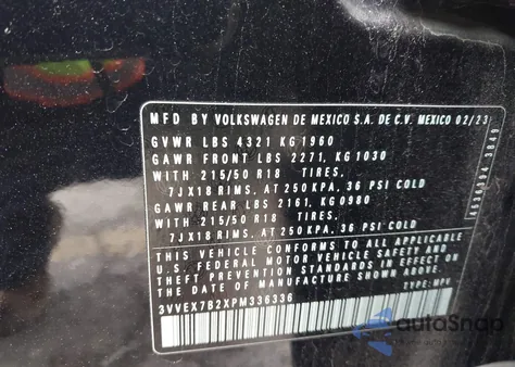 2023 Volkswagen Taos 1.5T Se из США, поврежденный, VIN 3VVEX7B2XPM336336